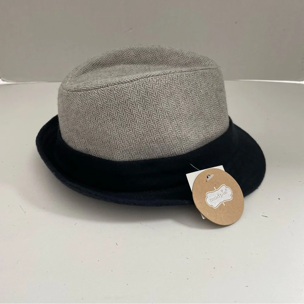 Mudpie Hat Fedora Herringbone Band Ribbed Brim Two Toned Grey Navy Blue